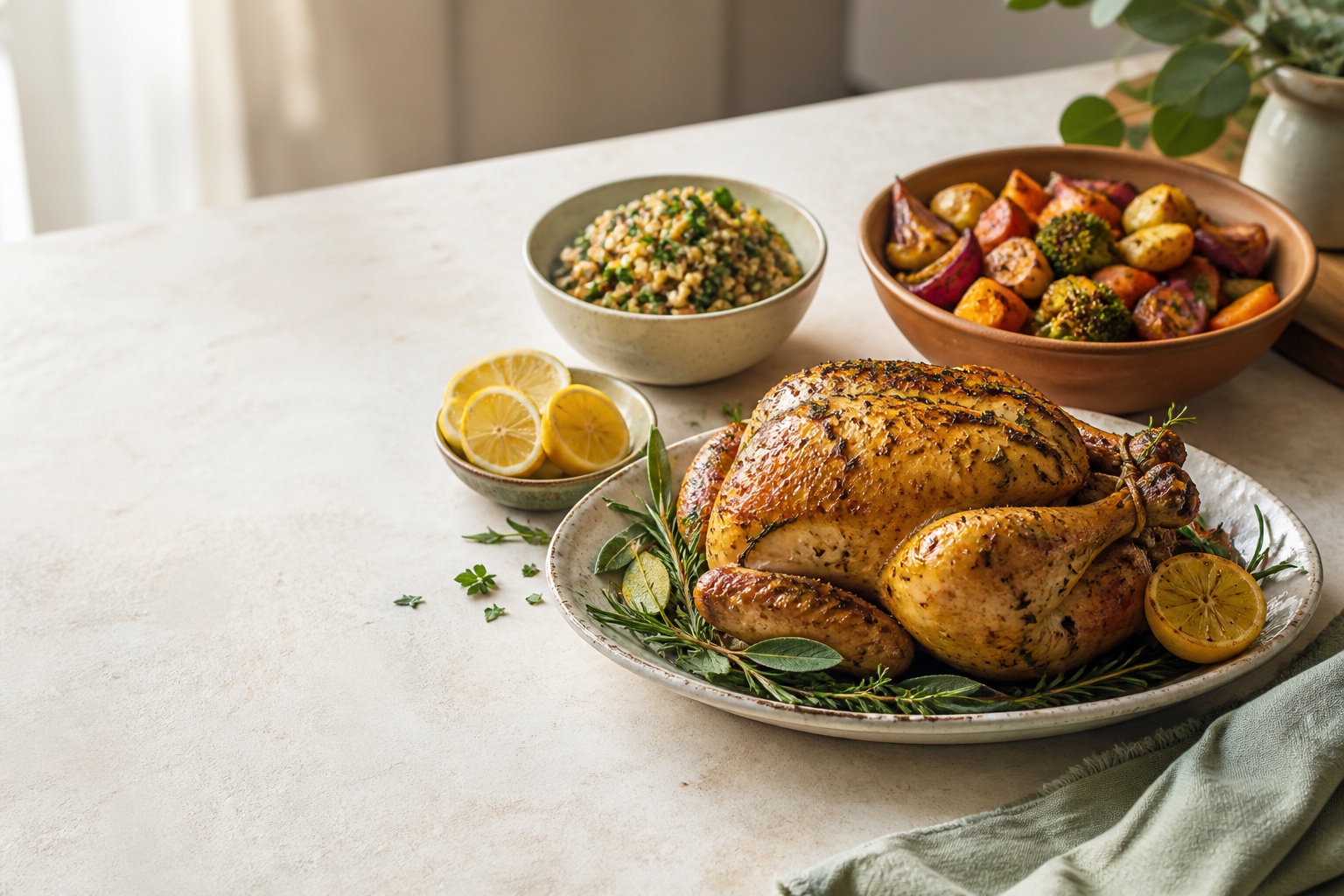 Roasted herb chicken with colorful vegetables, grains and lemon on a warm kitchen table.