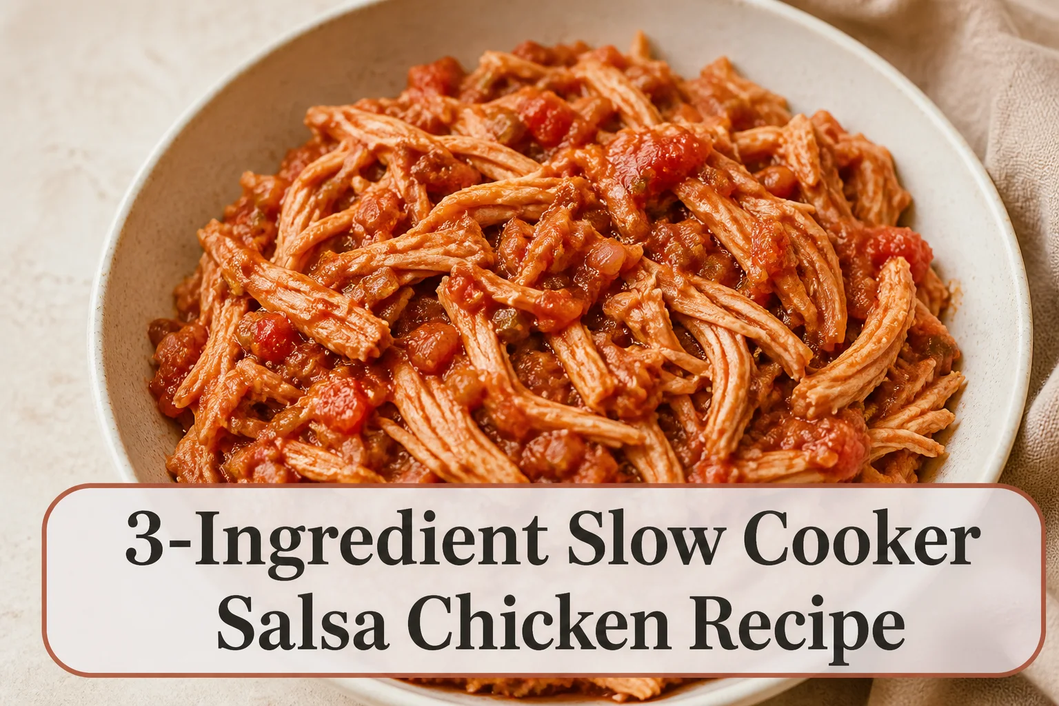 Shredded salsa chicken with title reading 3-Ingredient Slow Cooker Salsa Chicken Recipe