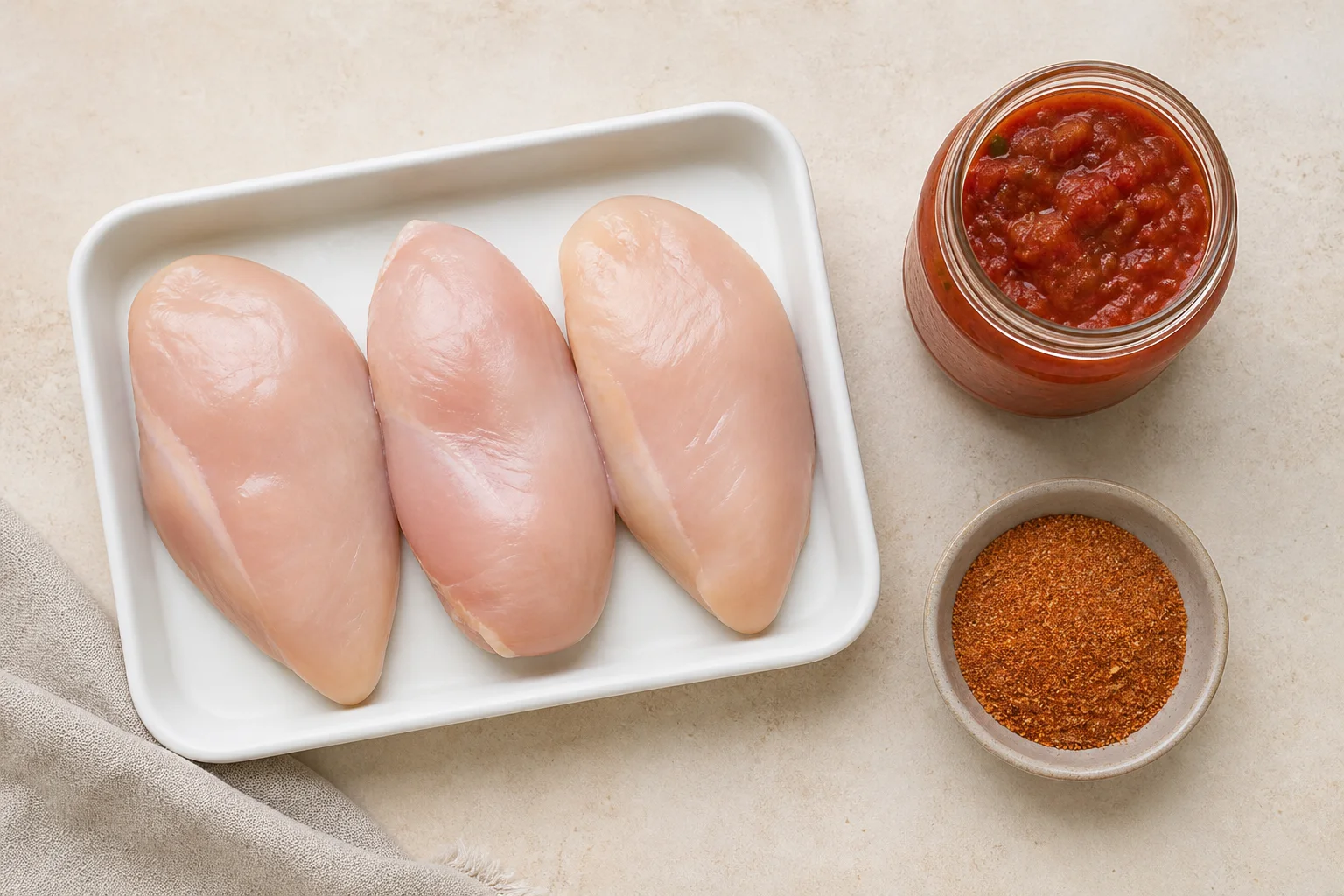 Raw chicken breasts, thick tomato salsa and low-sodium taco seasoning