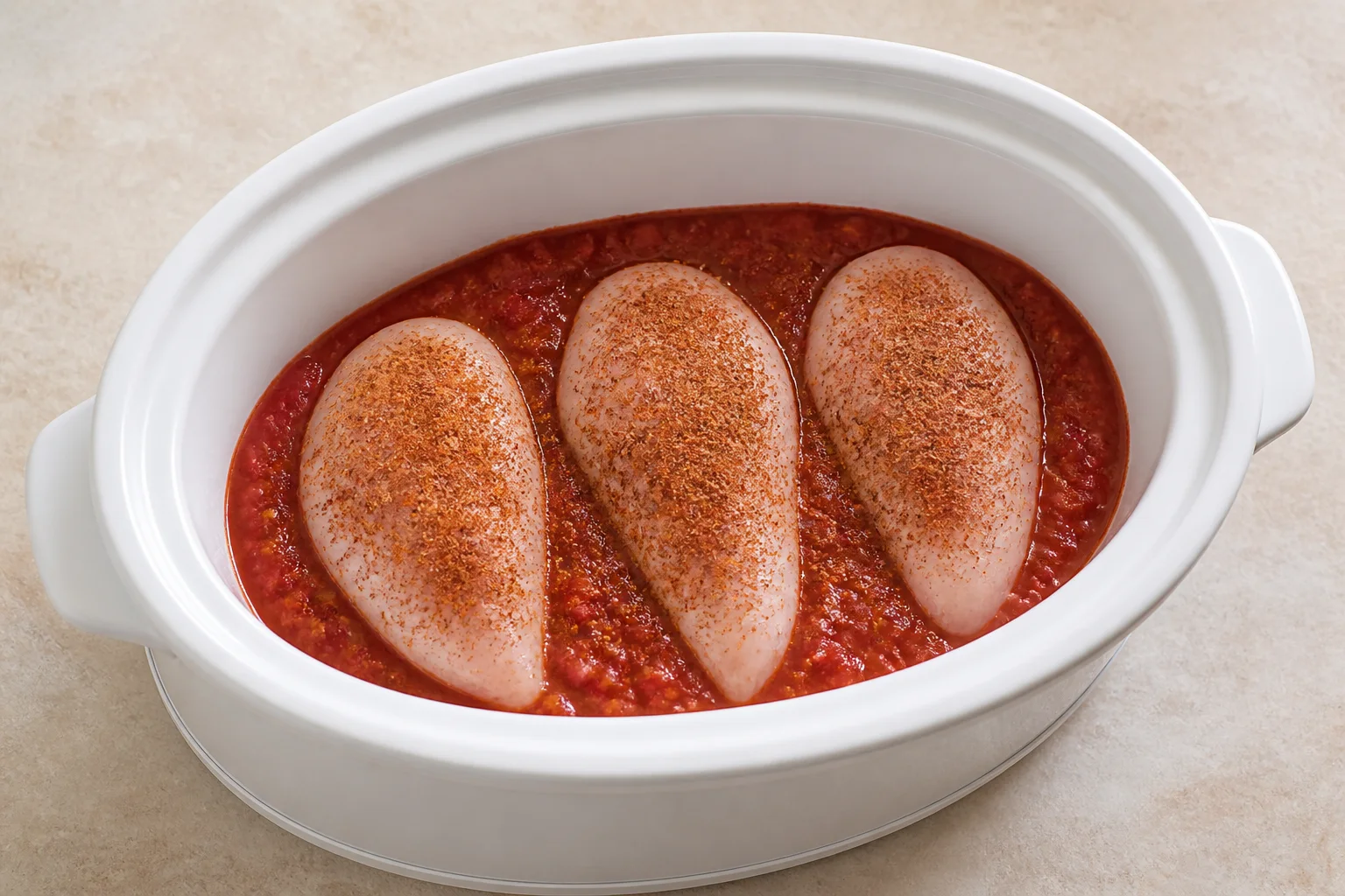 Raw seasoned chicken breasts in one layer with salsa in a slow cooker