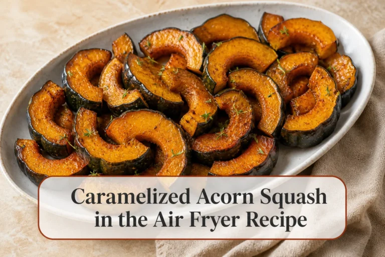 Maple glazed squash with title reading Caramelized Acorn Squash in the Air Fryer Recipe