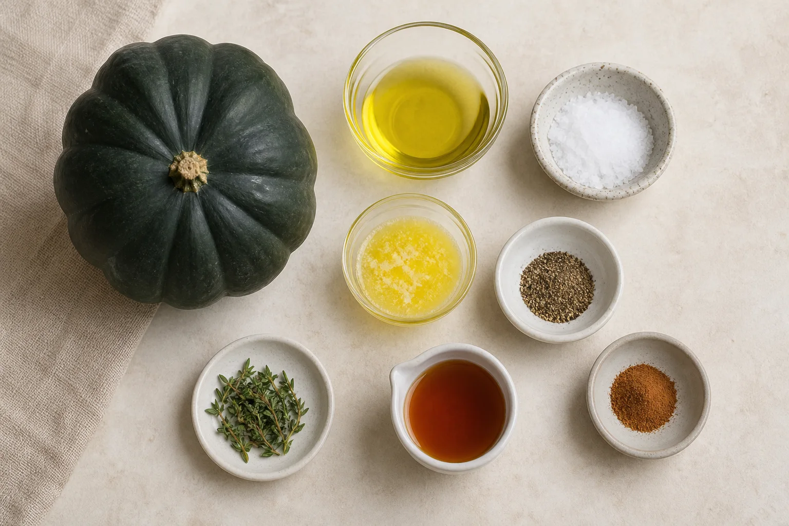Acorn squash with oil, salt, pepper, butter, maple syrup, cinnamon and thyme