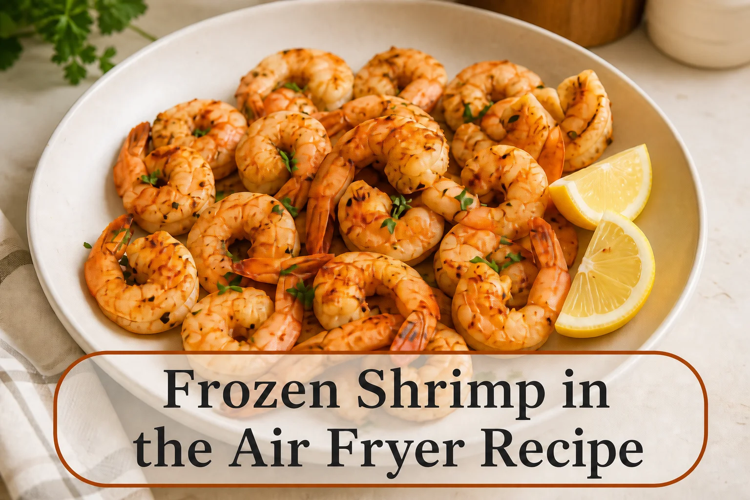 Seasoned shrimp with title reading Frozen Shrimp in the Air Fryer Recipe