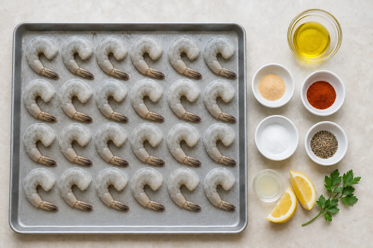 Frozen raw shrimp with oil, garlic, paprika, salt, pepper, lemon and parsley
