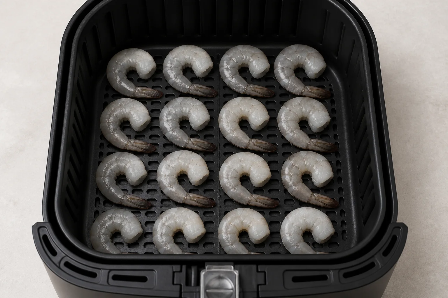 Frozen raw peeled shrimp separated in one layer in an air fryer basket