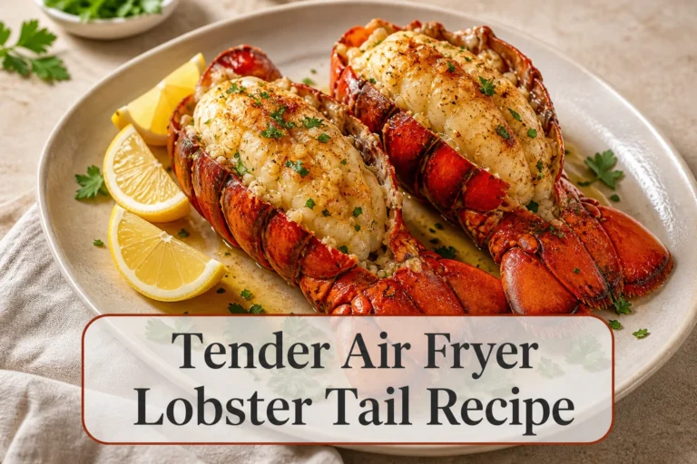 Garlic butter lobster tails with title reading Tender Air Fryer Lobster Tail Recipe