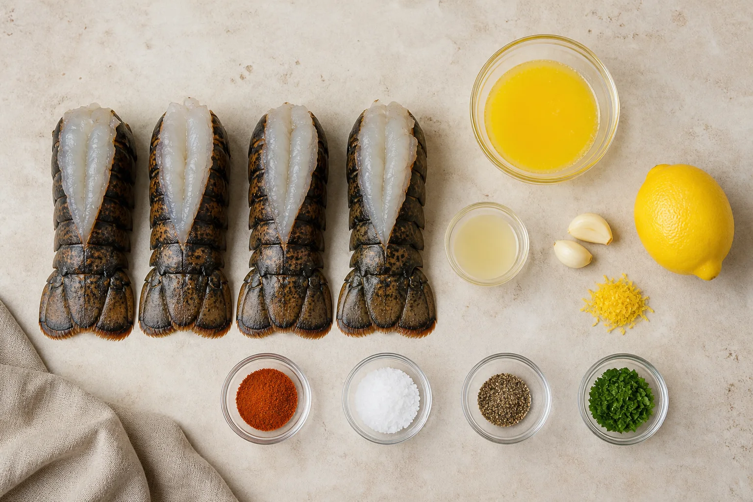Four raw lobster tails with butter, garlic, lemon, paprika, salt, pepper and parsley
