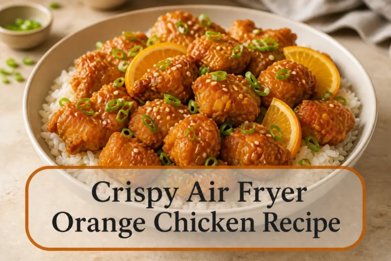 Orange chicken bites with title reading Crispy Air Fryer Orange Chicken Recipe