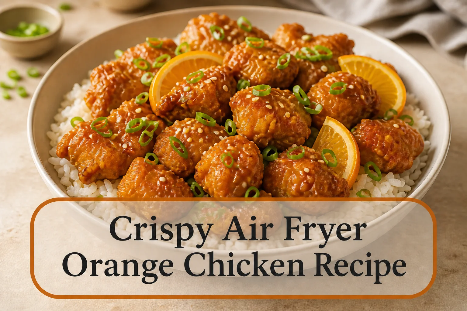 Orange chicken bites with title reading Crispy Air Fryer Orange Chicken Recipe