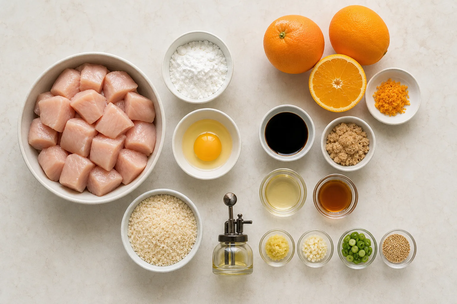 Chicken, cornstarch, egg, panko, orange, soy sauce, vinegar, sugar, ginger and garlic