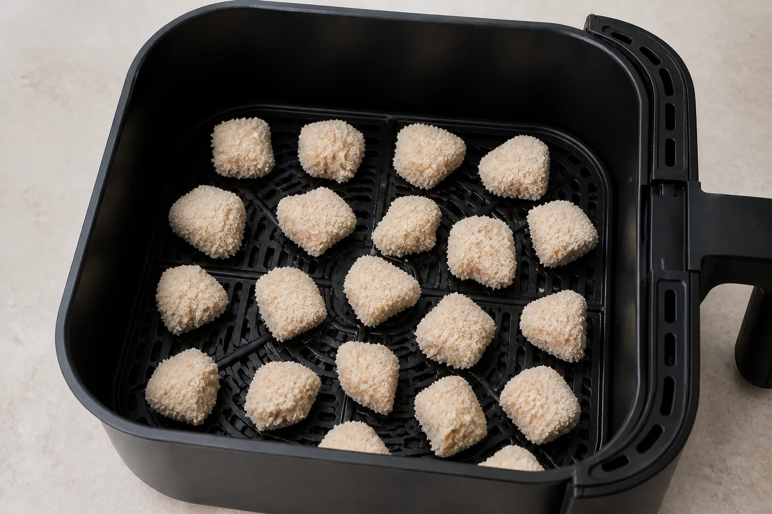 Breaded raw chicken pieces arranged with space in one layer in an air fryer basket