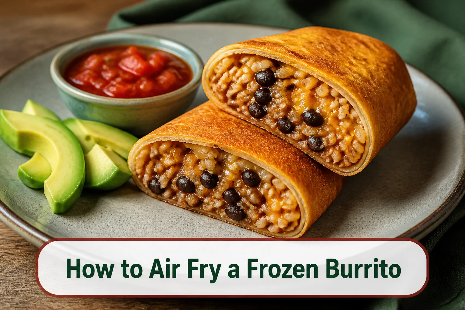 Crisp golden frozen burrito cut diagonally on a ceramic plate with visible hot bean and rice filling, salsa and avocado alongside.; title text reads How to Air Fry a Frozen Burrito