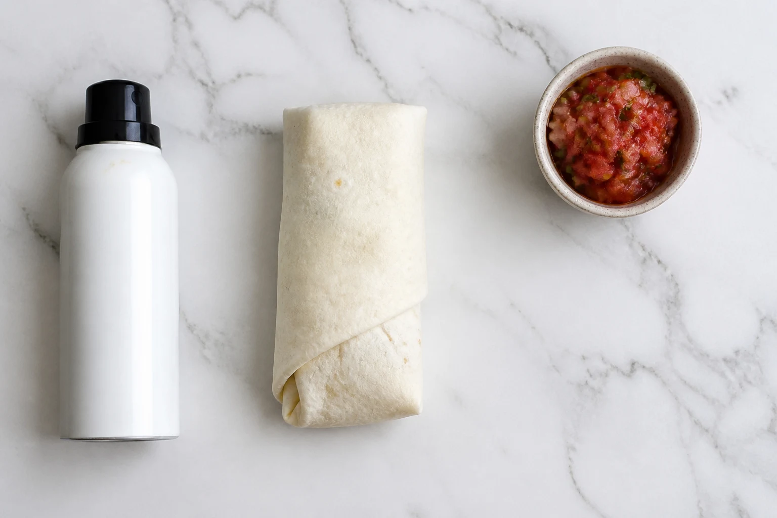 A wrapped frozen burrito with wrapper removed, neutral oil spray and a small bowl of salsa on a clean counter.