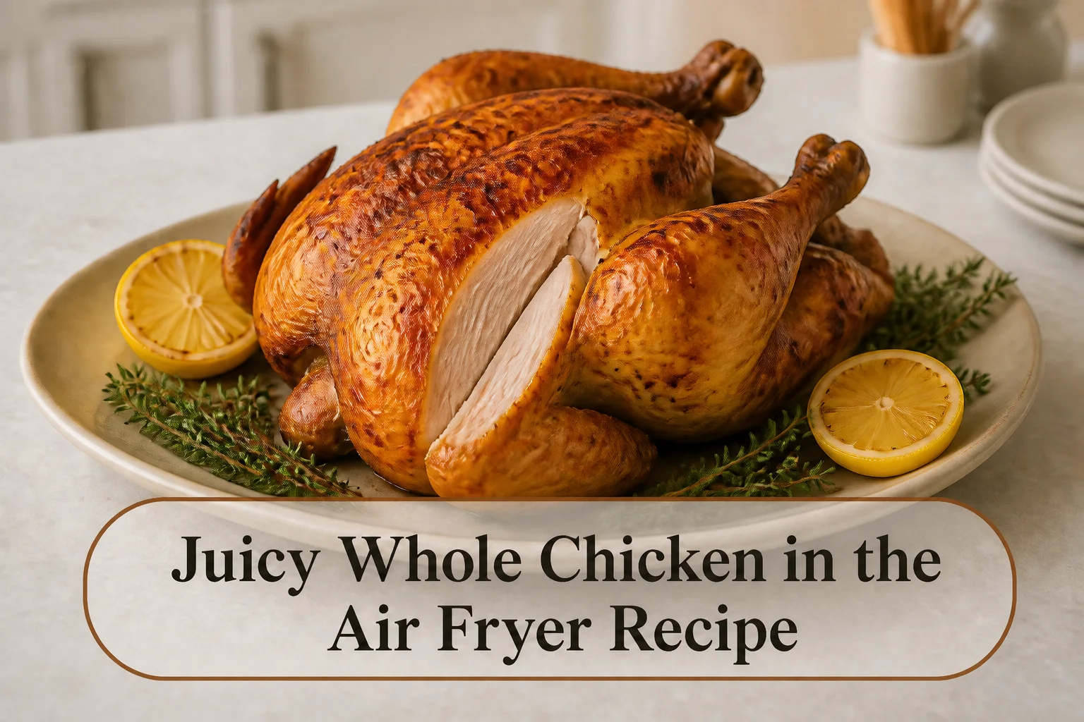 Golden whole chicken with title reading Juicy Whole Chicken in the Air Fryer Recipe