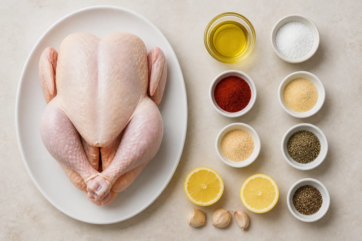 Whole raw chicken with oil, paprika, garlic, onion, thyme, salt, pepper and lemon