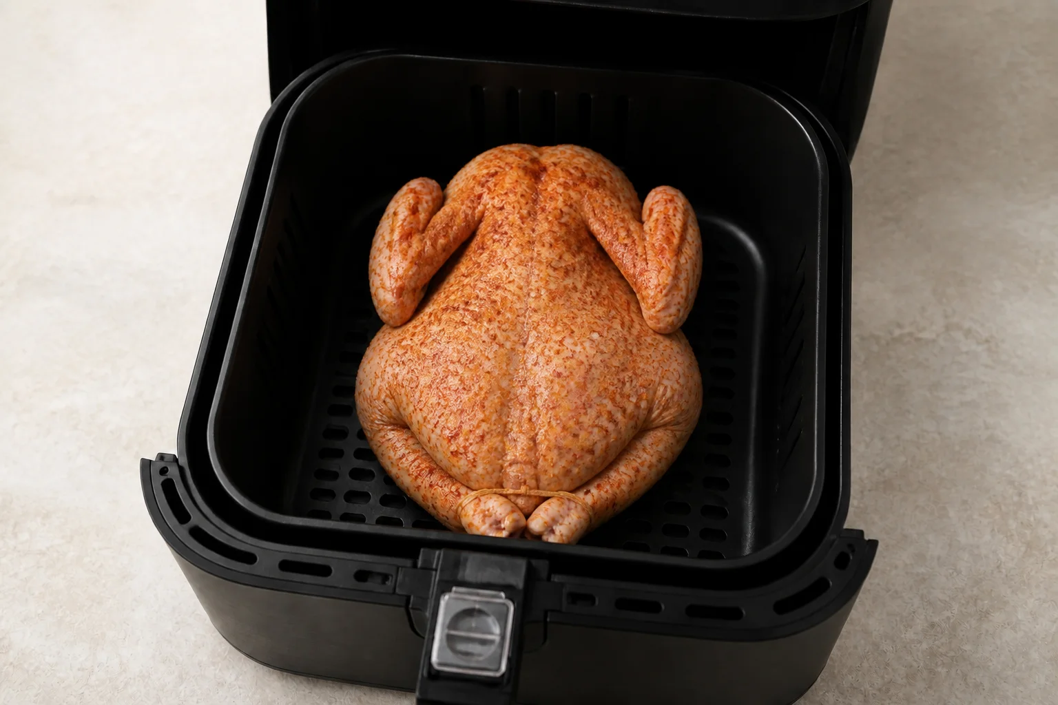 Seasoned raw whole chicken positioned breast-side down in an air fryer basket