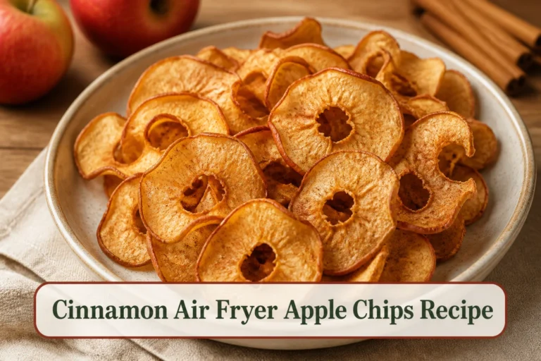 Translucent cinnamon apple chips in a shallow cream bowl, curled crisp edges and visible apple rings, cozy natural light.; title text reads Cinnamon Air Fryer Apple Chips Recipe