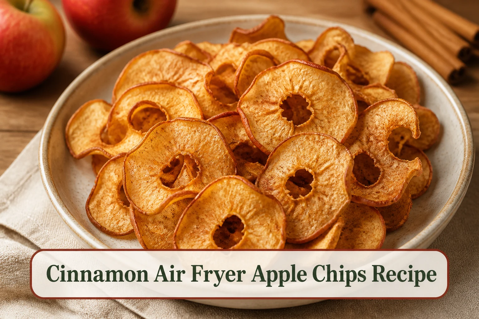 Translucent cinnamon apple chips in a shallow cream bowl, curled crisp edges and visible apple rings, cozy natural light.; title text reads Cinnamon Air Fryer Apple Chips Recipe