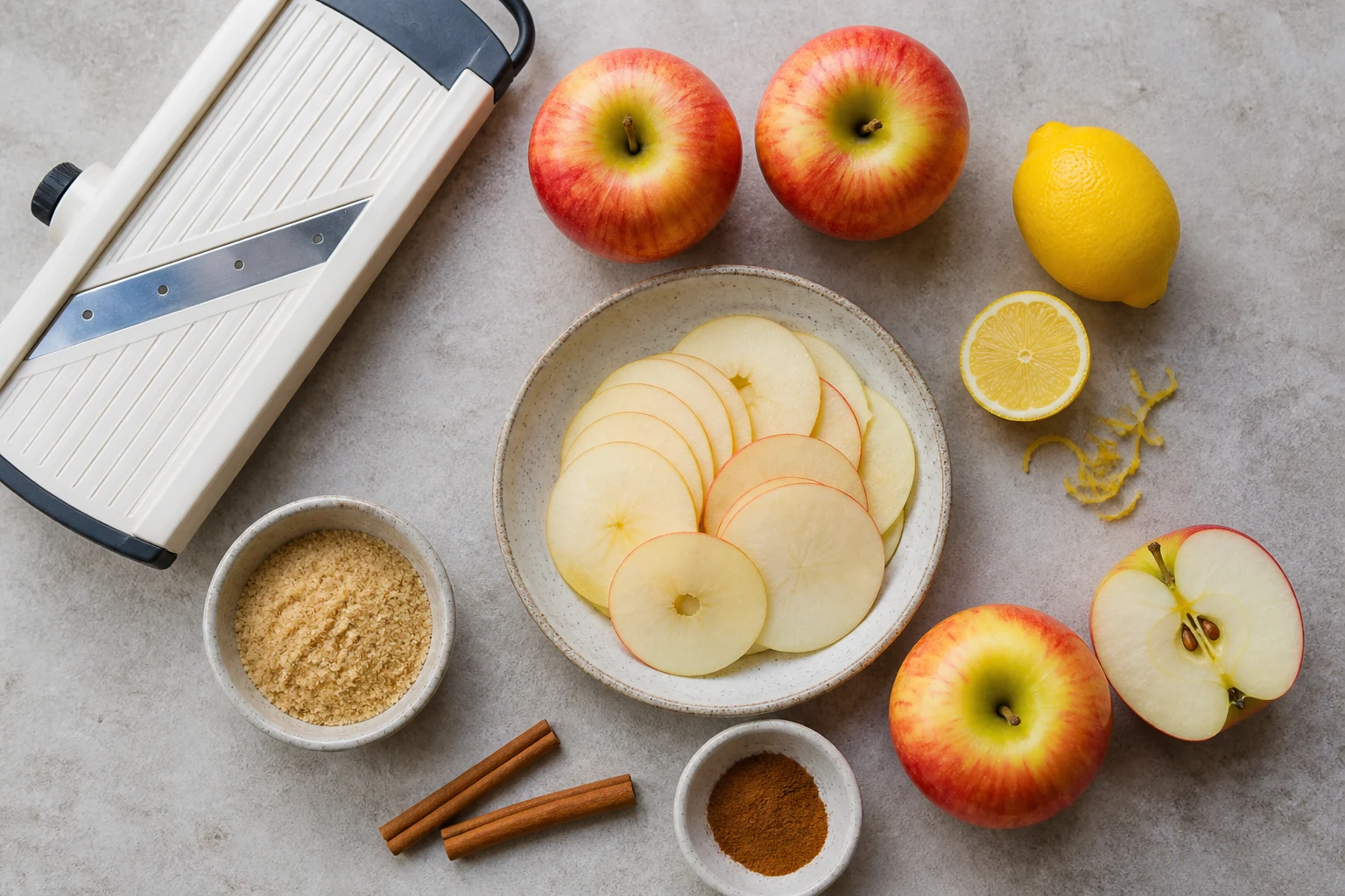 Two crisp apples, cinnamon, lemon and optional maple sugar with a mandoline on a neutral stone counter.