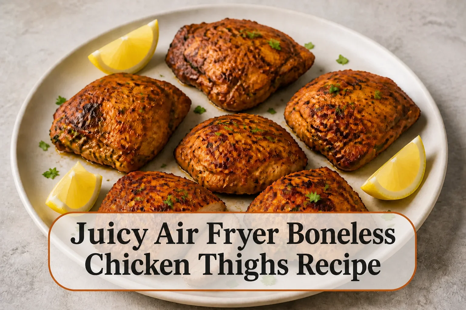 Air fryer boneless chicken thighs with title reading Juicy Air Fryer Boneless Chicken Thighs Recipe