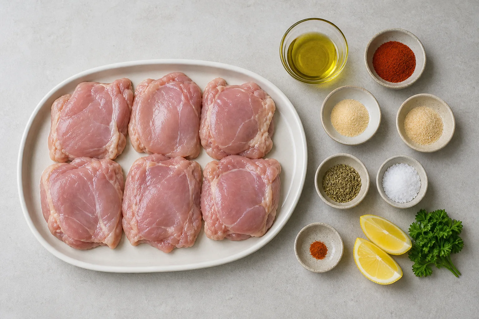 Boneless skinless chicken thighs, oil, paprika, garlic, onion, oregano, salt and pepper