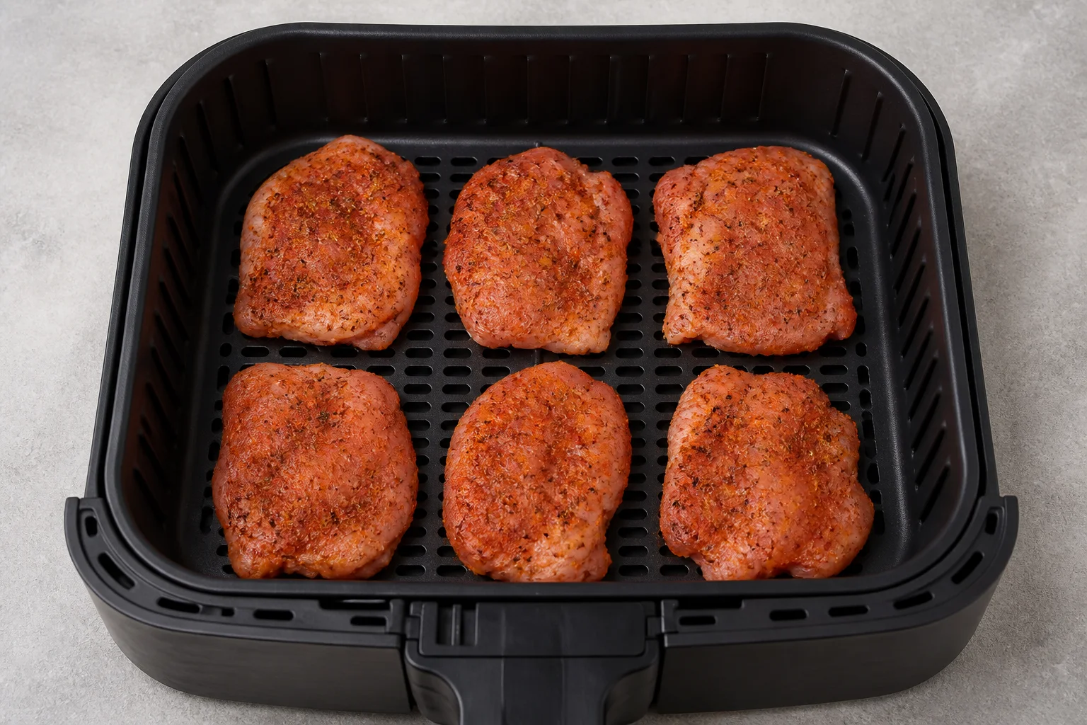 Six spice-rubbed boneless chicken thighs arranged open in a single layer in an air fryer