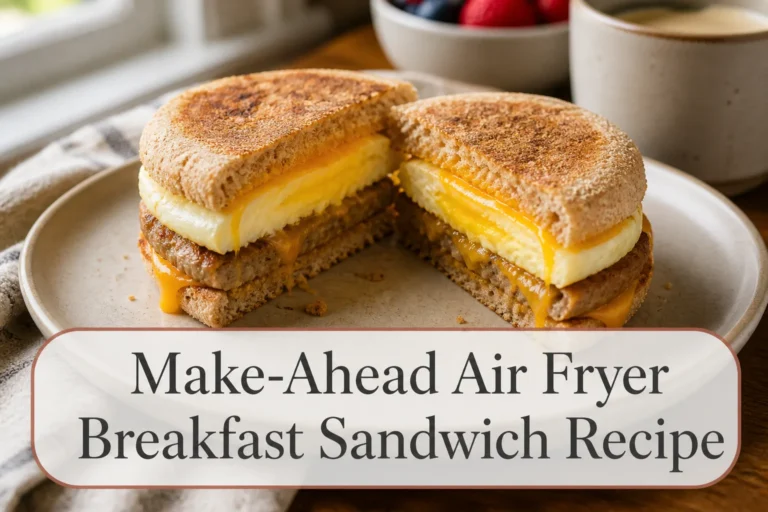 English muffin egg and sausage sandwich with title reading Make-Ahead Air Fryer Breakfast Sandwich Recipe