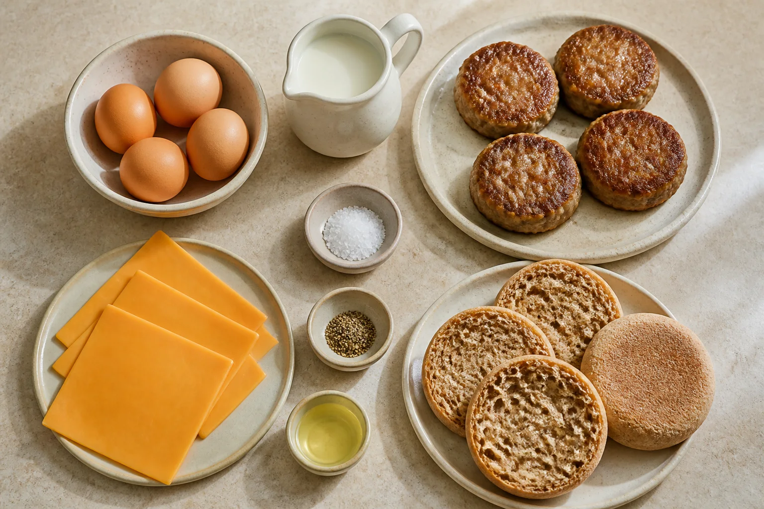 Eggs, milk, cooked turkey sausage patties, English muffins, cheddar, salt and pepper arranged on a kitchen counter