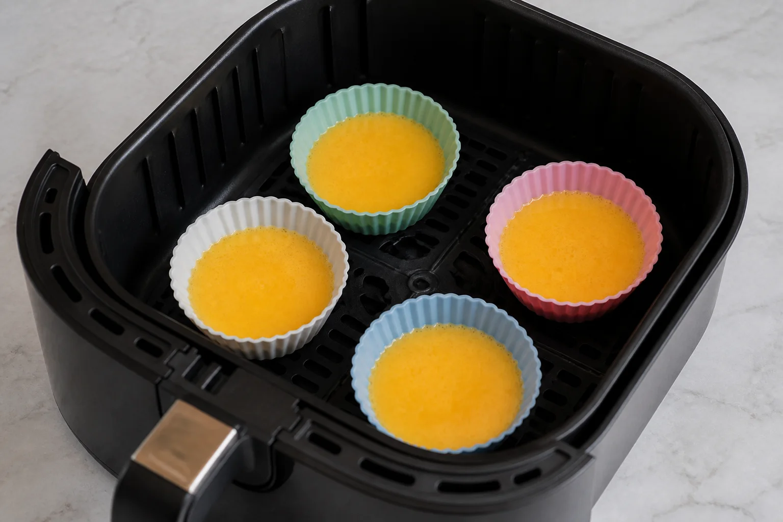 Whisked eggs divided among four greased silicone cups inside an air fryer basket