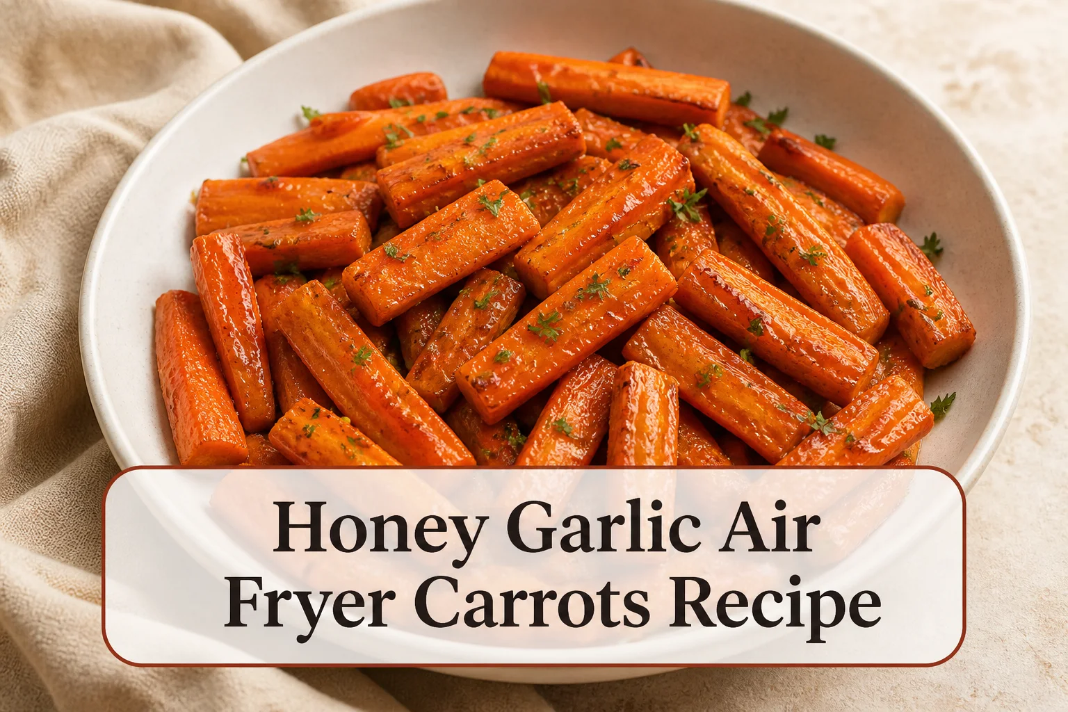 Honey glazed carrots with title reading Honey Garlic Air Fryer Carrots Recipe
