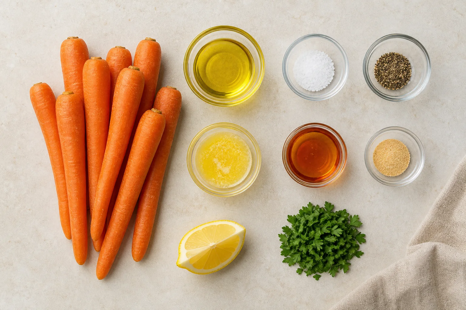 Carrots with oil, salt, pepper, butter, honey, garlic powder, lemon and parsley