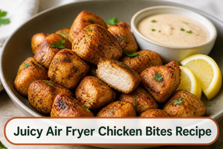 Golden smoky chicken bites in a matte bowl with lemon, chopped parsley and a creamy dip; juicy cut piece visible, realistic crisp browned edges.; title text reads Juicy Air Fryer Chicken Bites Recipe