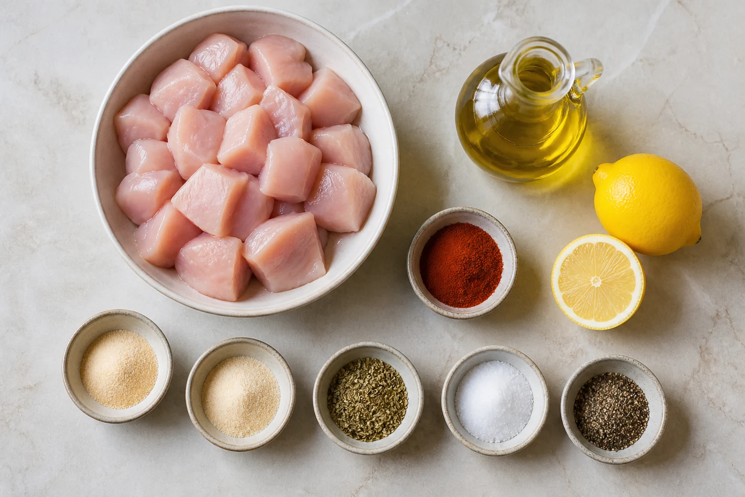 Cubed raw chicken, olive oil, smoked paprika, garlic powder, onion powder, oregano, salt, pepper and lemon on a clean stone counter.