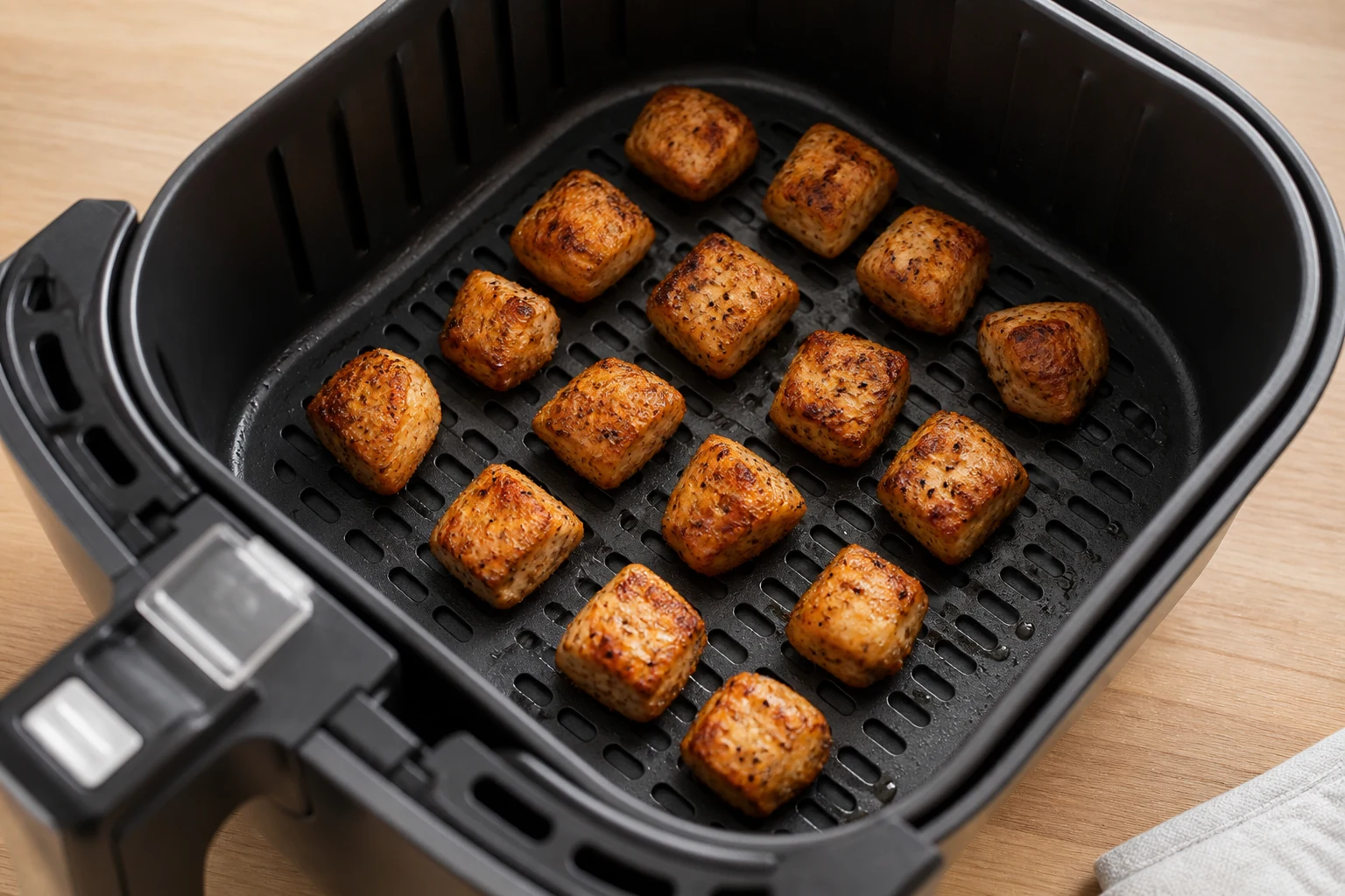 Seasoned chicken cubes evenly spaced in an air-fryer basket with visible browning and no overlap.