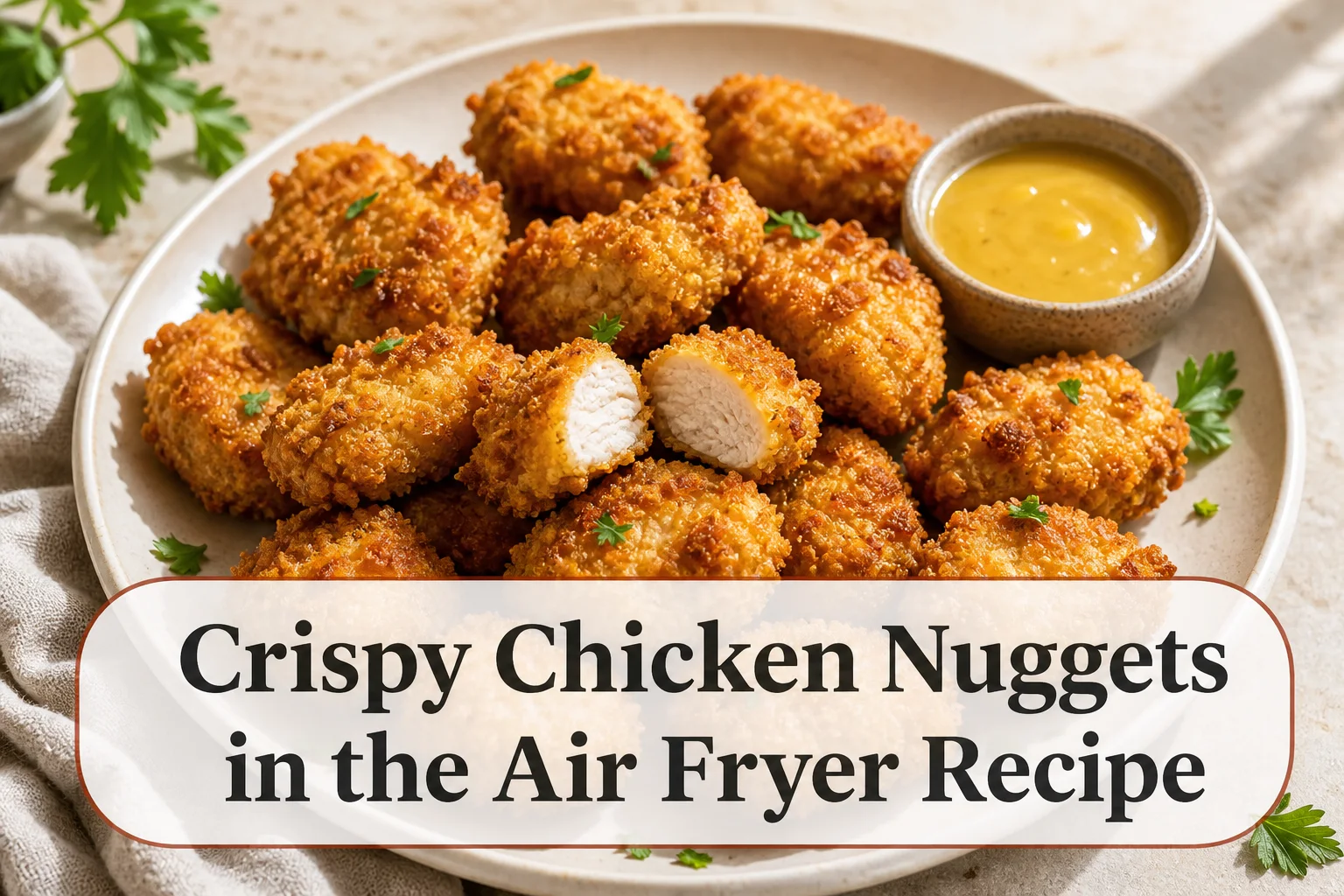 Crispy chicken nuggets with title reading Crispy Chicken Nuggets in the Air Fryer Recipe
