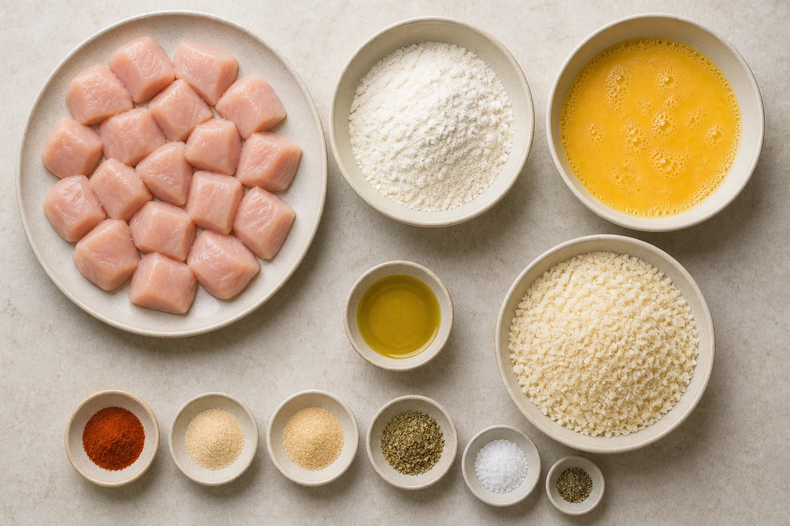 Chicken breast pieces, flour, eggs, panko, oil, paprika, garlic, onion and oregano for air fryer nuggets