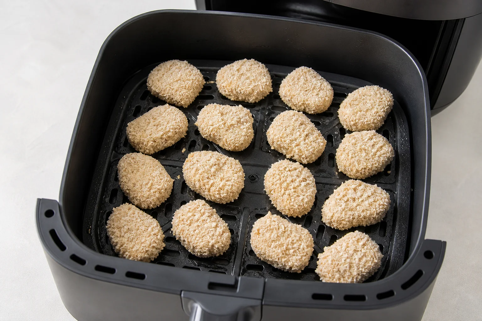 Sixteen breaded chicken nuggets arranged with space in a single layer in an air fryer basket