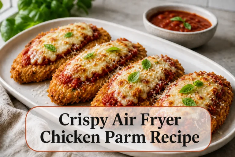 Crispy air fryer chicken Parmesan with title reading Crispy Air Fryer Chicken Parm Recipe