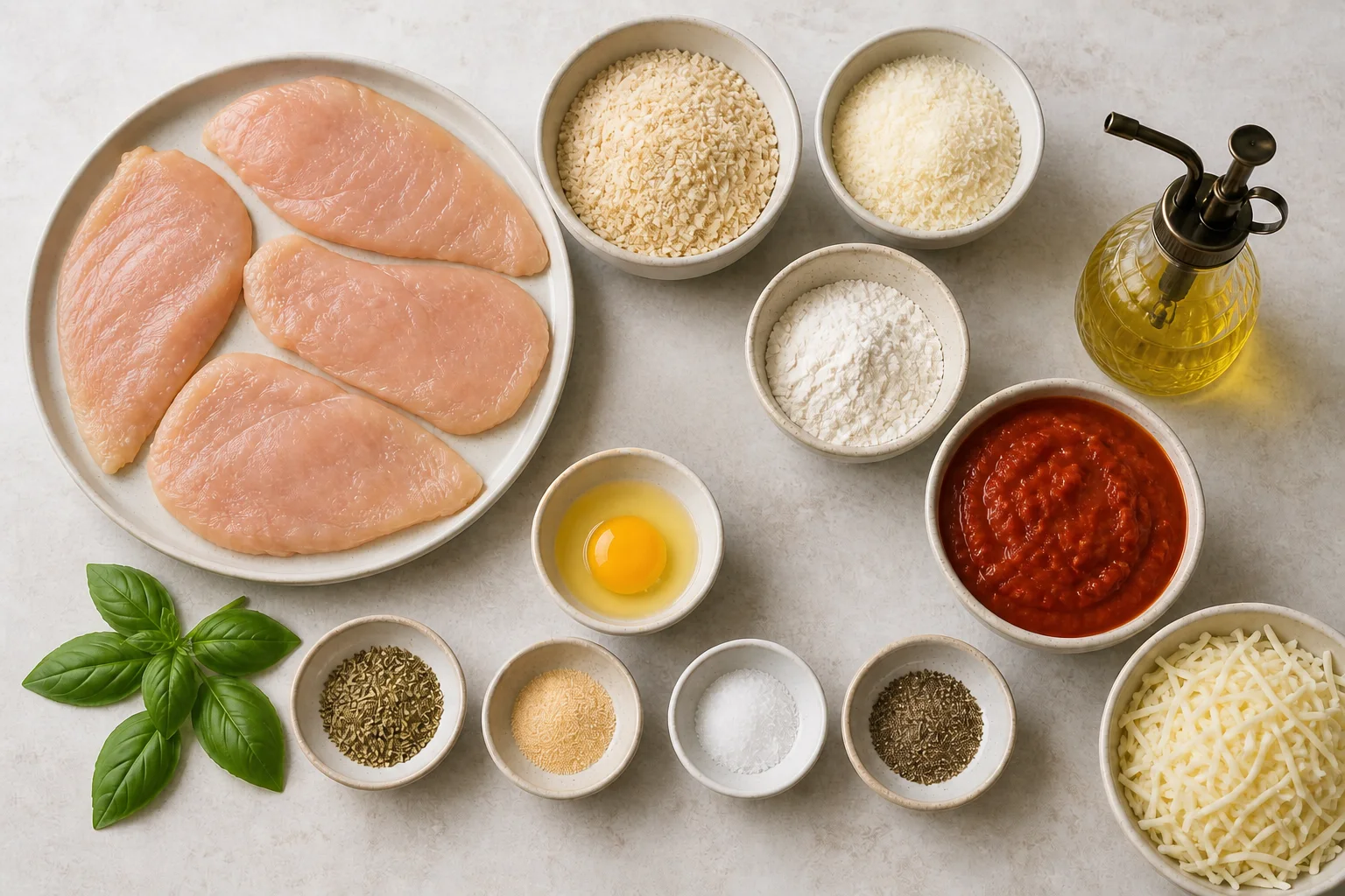 Chicken cutlets, panko, Parmesan, egg, flour, marinara, mozzarella and seasonings for air fryer chicken Parmesan