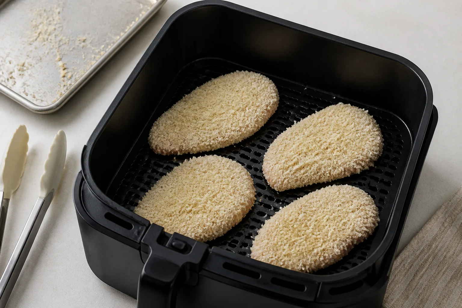 Breaded chicken cutlets arranged in an air fryer basket before cooking