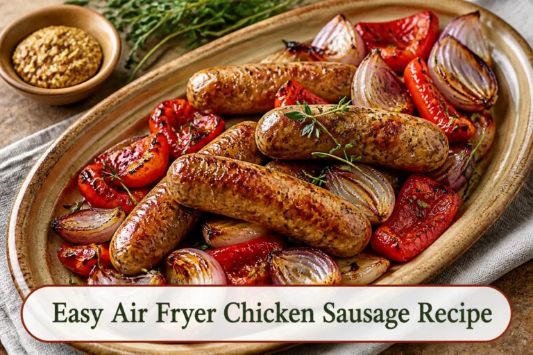 Browned chicken sausage links with blistered red peppers and onion wedges on a warm ceramic platter, mustard and herbs nearby.; title text reads Easy Air Fryer Chicken Sausage Recipe