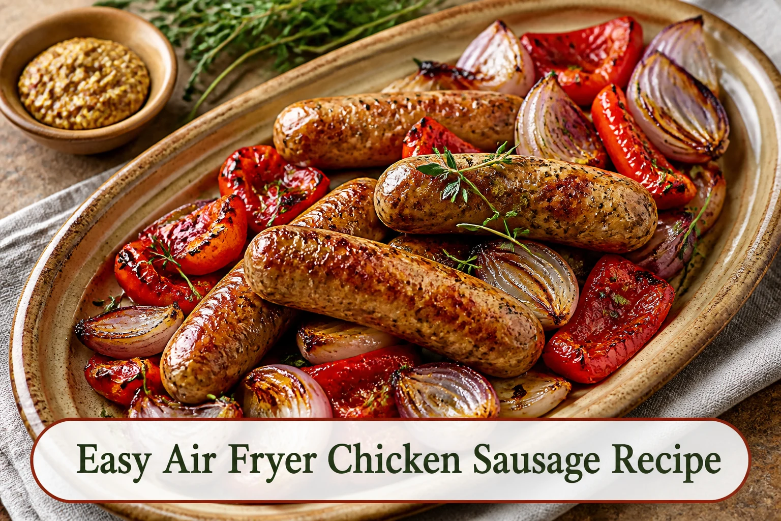 Browned chicken sausage links with blistered red peppers and onion wedges on a warm ceramic platter, mustard and herbs nearby.; title text reads Easy Air Fryer Chicken Sausage Recipe