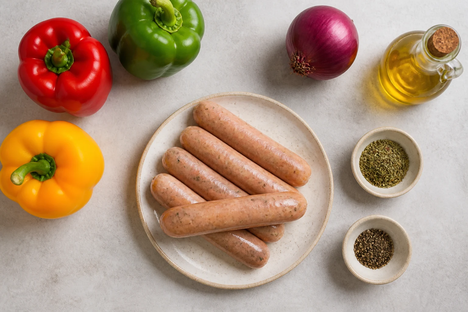 Chicken sausage links, bell pepper, red onion, olive oil, Italian seasoning and black pepper arranged on a neutral counter.
