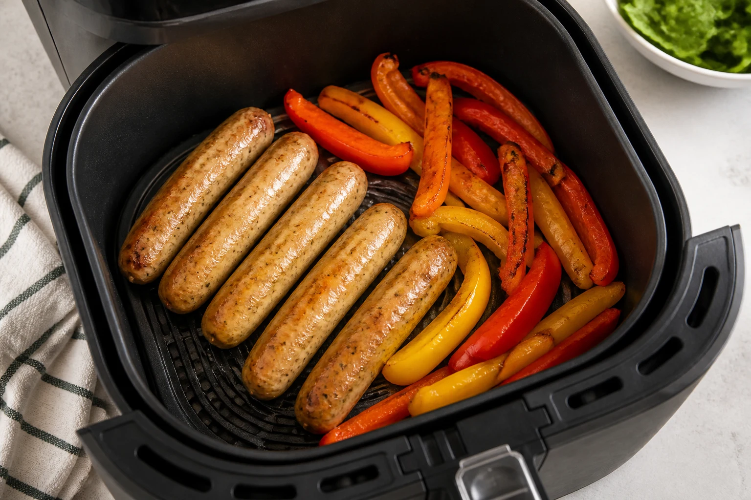 Chicken sausage links and colorful pepper strips cooking in one uncrowded air-fryer basket.
