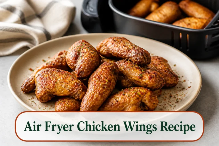 Crispy plain-seasoned air fryer chicken wings on a matte cream plate, blistered golden skin, paprika and parsley flecks, open air-fryer basket softly blurred behind. The lower title bubble reads Air Fryer Chicken Wings Recipe.