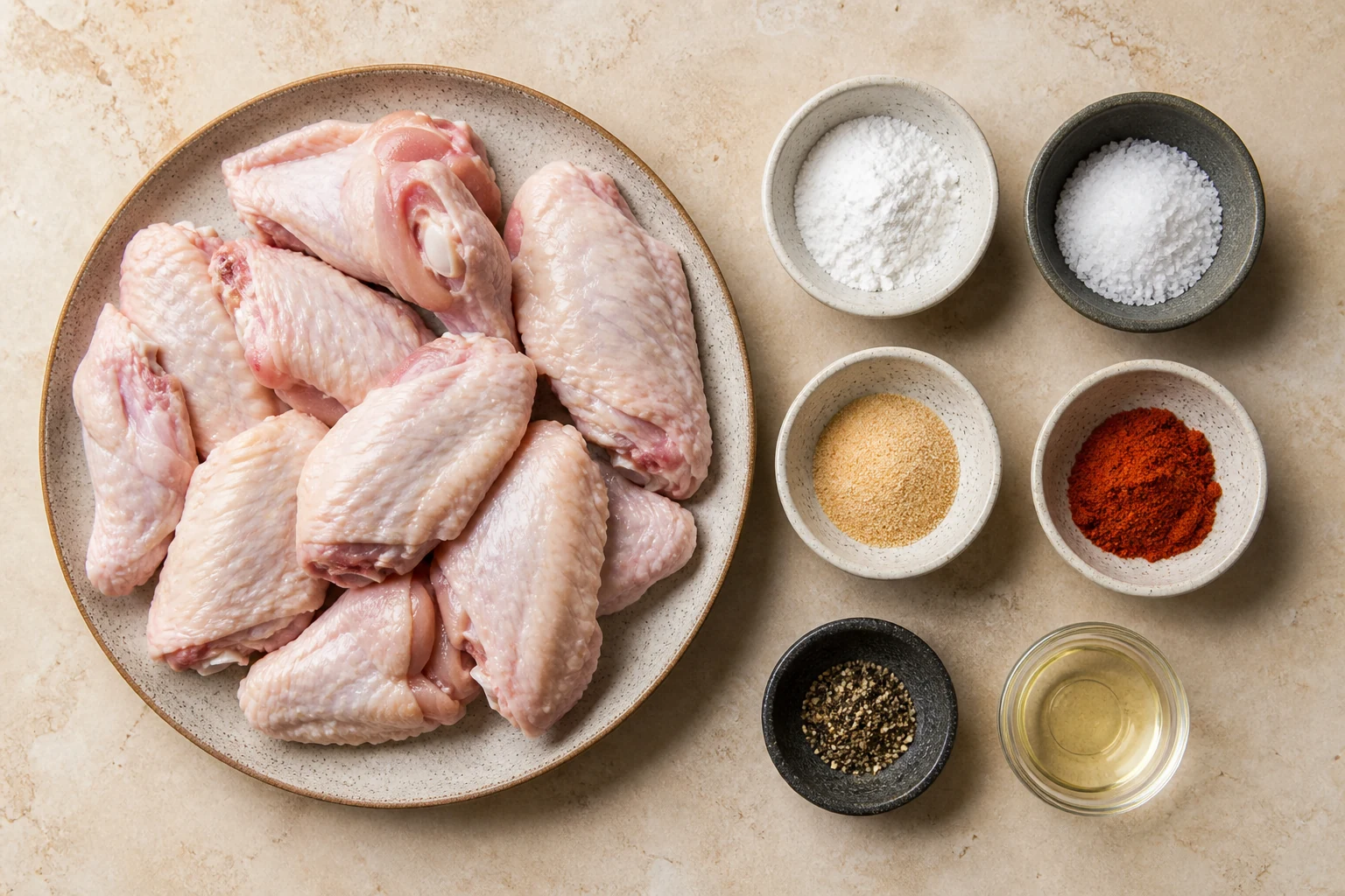 Split raw chicken wings, baking powder, kosher salt, garlic powder, smoked paprika, black pepper and a tiny dish of neutral oil measured overhead.