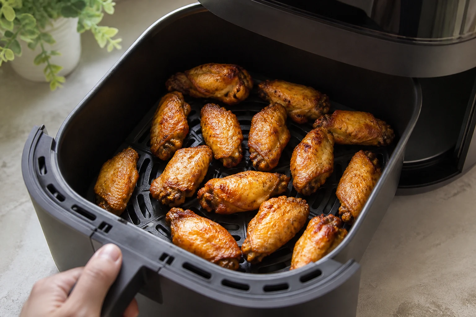 Chicken wings in one loose layer inside a realistic air-fryer basket during the hot finishing stage, varied golden surfaces and visible airflow gaps.