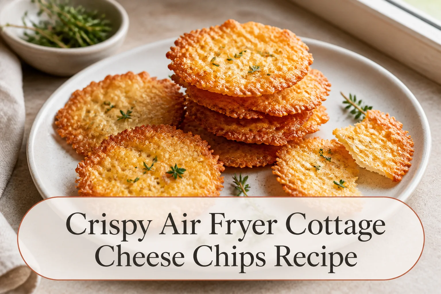 Thin golden cottage cheese chips with title reading Crispy Air Fryer Cottage Cheese Chips Recipe