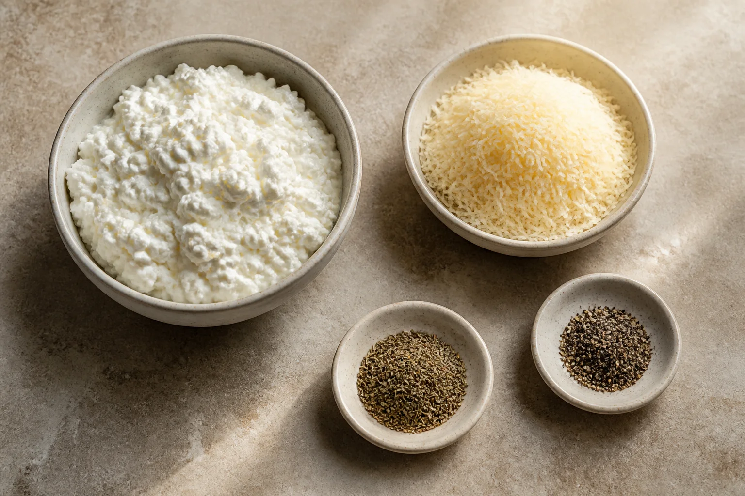 Cottage cheese, finely grated Parmesan, Italian seasoning and black pepper on a neutral stone counter