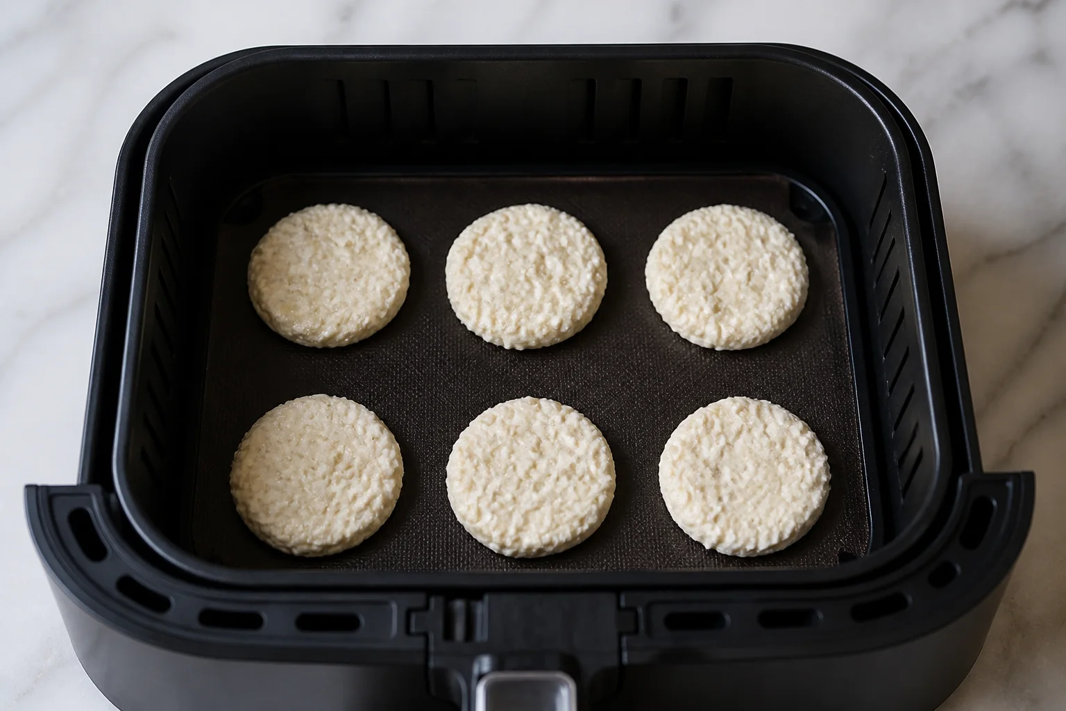 Six thin uncooked cottage cheese rounds spaced on a flat silicone liner inside an air fryer basket